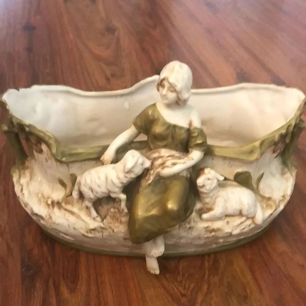 Royal Dux antique planter woman with sheep green beige collectibles